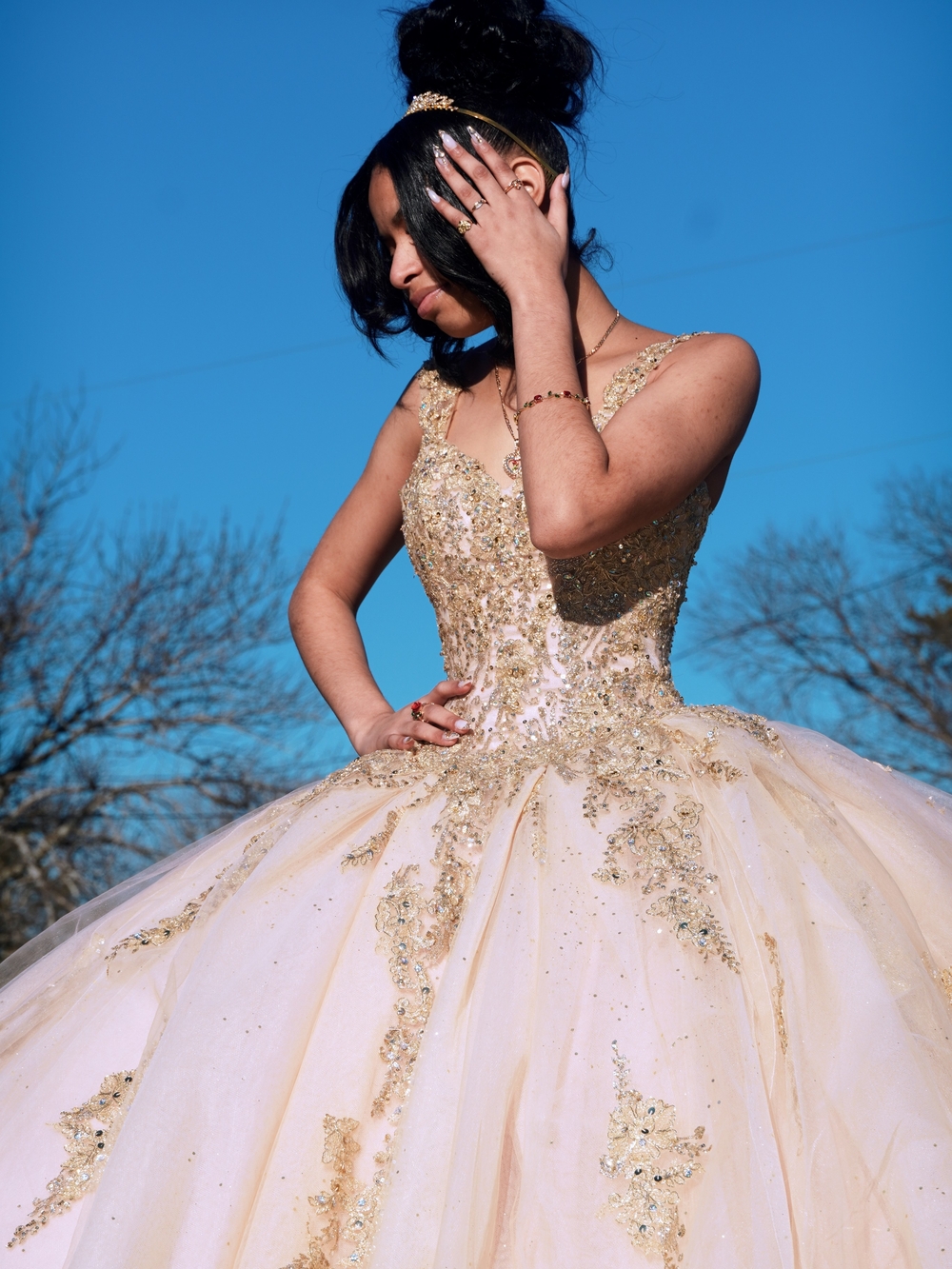Champagne Colored Wedding/ Quinceanera/ Ball Gown with Gold Embellishment